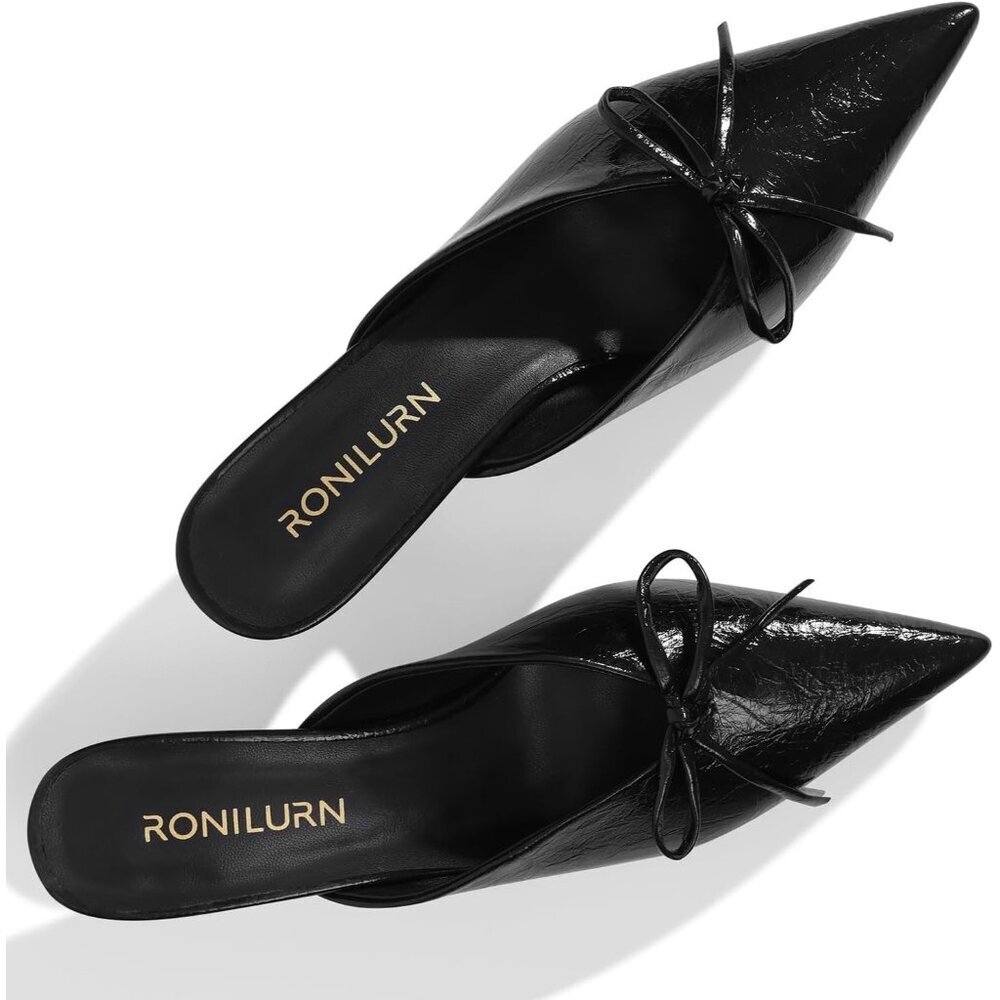 👉 RONILURN Kitten Heel Black Faux Leather Women Pumps Bow Closed Toe Pointed Toe - Picture 4 of 8